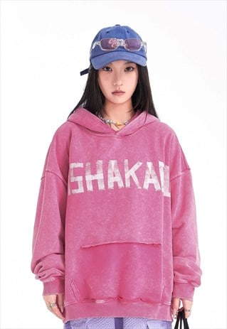 UNSHAKABLE SLOGAN HOODIE VINTAGE WASH PULLOVER IN ACID PINK