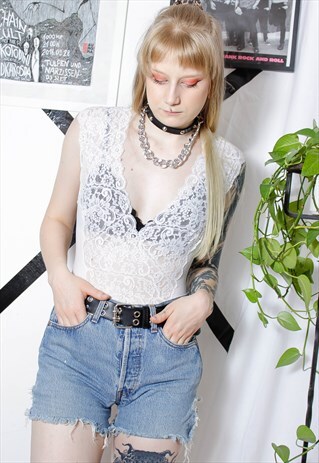 80S VINTAGE 90S GRUNGE WHITE SHEER LACE DEEP NECK BODYSUIT