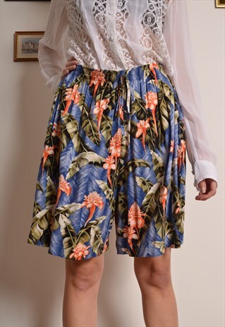 VINTAGE 80S CRAZY PATTERN HAWAIIAN FLORAL SHORTS IN BLUE