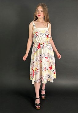 80's Vintage White Cotton Floral Slip Style Midi Dress