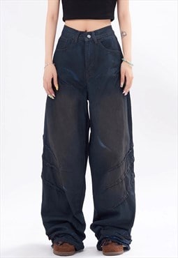 Blue oil wash jeans dirty denim trouser bleached rave pants