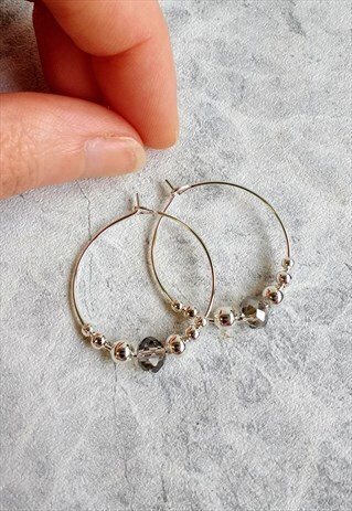 GREY FACETED CRYSTAL BEAD HOOP EARRINGS
