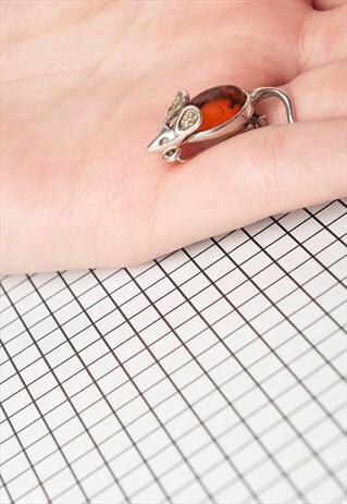 MOUSE BROOCH - 80S VINTAGE STERLING SILVER AMBER PIN