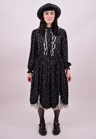 VINTAGE 80'S BLACK WHITE VICTORIAN STEAMPUNK DRESS 10 12