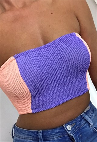 BOHO ROSE PEACH & LILAC BLOCK STRIPE CRINKLE BOOB TUBE