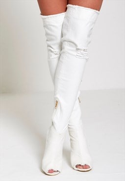 JUSTYOUROUTFIT Denim Ripped Thigh Boots White 