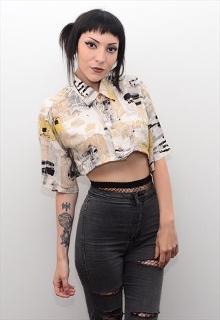 VINTAGE 90'S RETRO ABSTRACT PATTERNED REWORKED CROP SHIRT