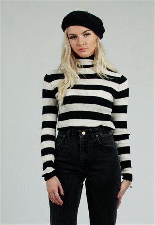 VINTAGE 90S BLACK AND WHITE RIBBED KNIT TURTLE NECK TOP