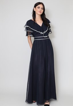 70's Vintage Blue Ruffle Sheer Short Sleeve Maxi Dress