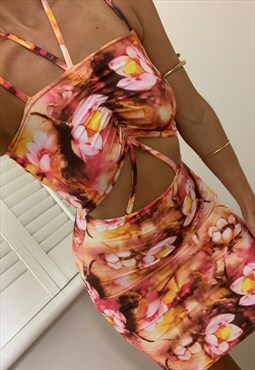 Strappy Cut Out Mini Dress in Abstract Floral Suedette