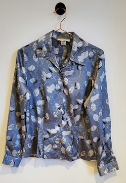 Vintage 80s Floral Print Fitted Long Sleeve Blouse Size 6