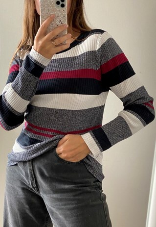 VINTAGE 90S STRIPED RIBBED KNIT JUMPER SWEATER MULTICOLOR