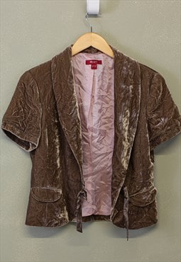 Vintage Y2K Velour Jacket Brown Short Sleeve Tie Up 