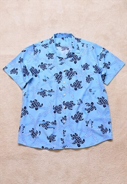 Vintage Blue Turtle Print Casual Festival Shirt