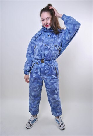80S BLUE SNOWFLAKE SKI SUIT, WOMAN VINTAGE SNOW SUIT