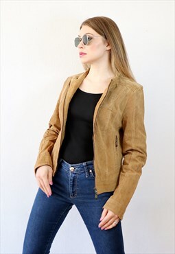 Vintage Leather Jacket 90s Zipped Moto Jacket Tan Suede
