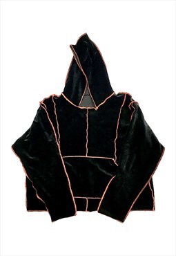 Stretch velvet hoodie in black with orange stitching
