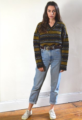 80S VINTAGE BLACK & YELLOW V NECK JUMPER