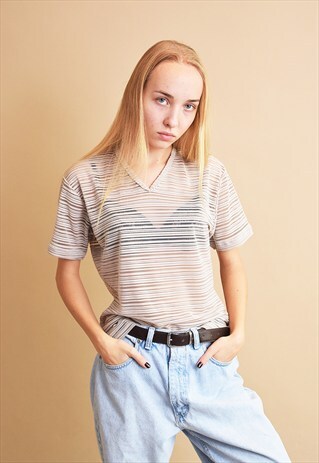 90'S RETRO NEUTRAL STRIPED SHEER OVERSIZED JERSEY TOP BLOUSE