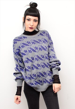 VINTAGE 90'S RETRO ABSTRACT INDIE PATTERNED SLOUCHY JUMPER