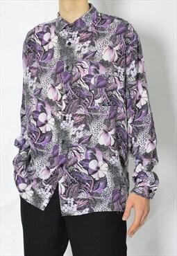 Vintage 70s Purple White Flower Grunge Long Sleeve Shirt