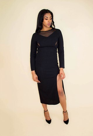 BLACK HIGH SLIT MESH LONG SLEEVE DRESS