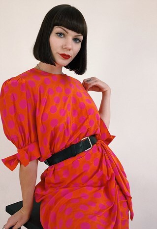 BRIGHT 80S PINK ORANGE POLKA DOT VINTAGE DRESS