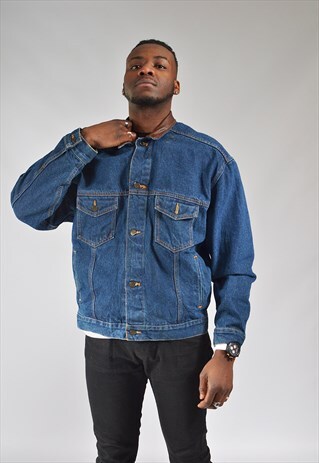 VINTAGE DARK BLUE LEATHER COLLARED DENIM JACKET