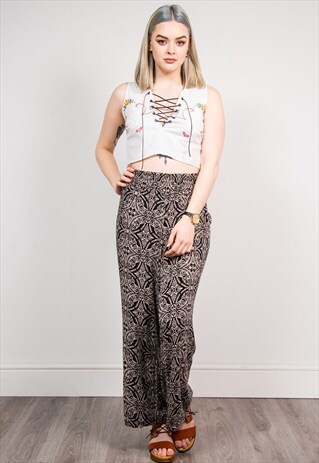 VINTAGE MONOCHROME FUNKY PATTERN BOHO WIDE LEG TROUSERS