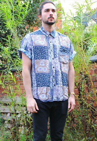 VINTAGE 80S ART AZTEC NERD SHIRT LARGE - FESTIVAL ABSTRACT
