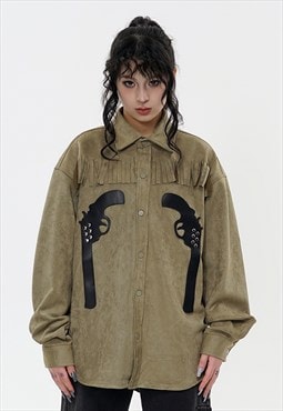 Cowboy shirt fringed blouse pistol patch top in green