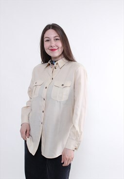 Beige minimalist blouse, 90s button down oversized blouse