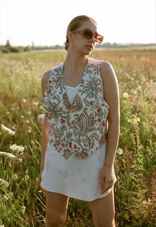 VINTAGE 70S BOHO SINGLE BREASTED FLORAL&PLANTS VEST M/L