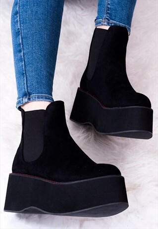 PLATFORM CHELSEA ANKLE BOOTS -BLACK SUEDE STYLE - PLUTONIYUM
