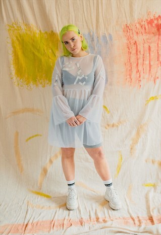 WHITE SHEER BELL SLEEVE DRESS