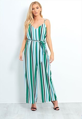 GREEN STRIPED WIDE LEG BELTED JUMPSUIT