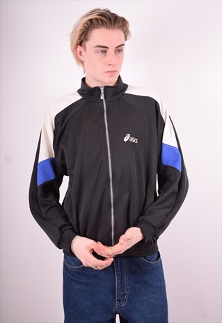 ASICS MENS VINTAGE TRACKSUIT TOP JACKET MEDIUM BLACK 90'S