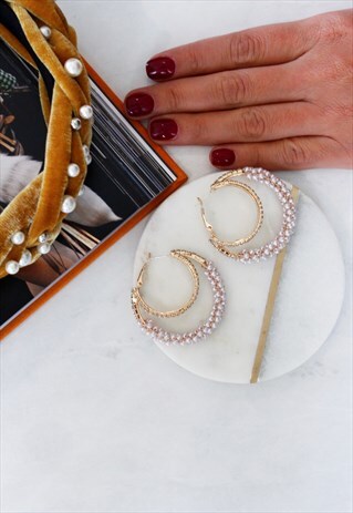 GOLD PEARL DOUBLE HOOP DROP DANGLE EARRINGS
