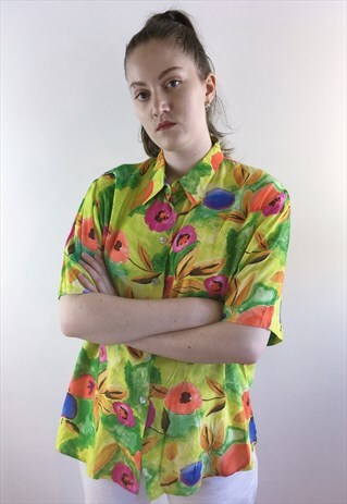 WOMENS VINTAGE 80S BLOUSE GREEN FLORAL TOP OVERSIZED SHIRT