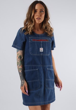 VINTAGE DENIM DRESS BICH REWORKED DUNGAREES UK 8 - 10 (DDF)