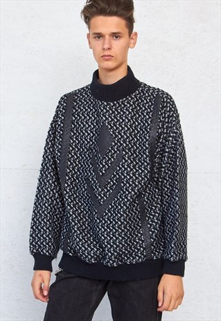 VINTAGE BLACK GREY TURTLE ROLL NECK KNIT JUMPER