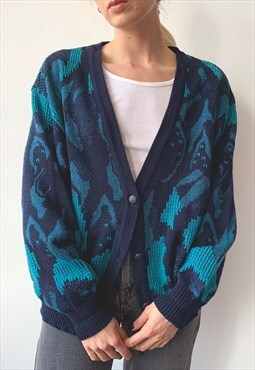 Vintage 90's Unisex Oversized Blue Abstract Cardigan Sweater