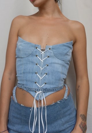 Dita. Light denim corset top. Sustainable recycled denim.
