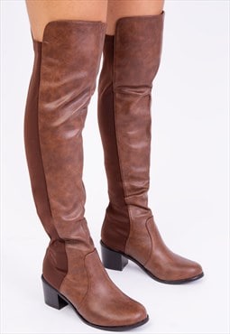 Britta thigh high mid heeled boots in brown
