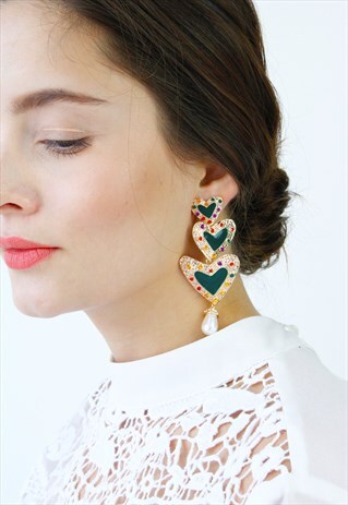 GREEN MULTI COLOUR DIAMANTE PEARL DROP DANGLE EARRINGS