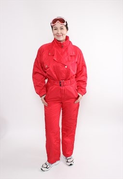 90s one piece ski suit, vintage red snowsuit, retro winter 