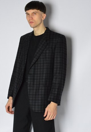 VINTAGE 70S DARK GREY PURPLE CHECK WOOL BLAZER