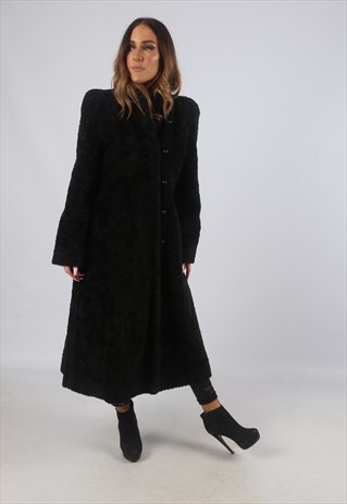 VINTAGE FAUX FUR COAT FITTED JACKET MID LONG UK 10 S (K5G)