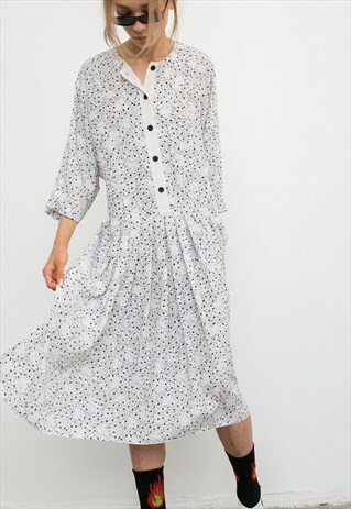 VINTAGE DRESS OVERSIZE MIDI WHITE BLUE PATTERN WOMAN'S RETRO