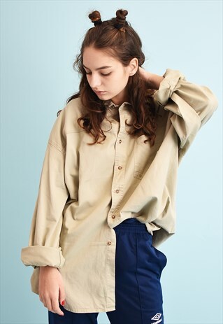 90'S RETRO MINIMALIST BEIGE OVERSIZED DENIM DADS SHIRT